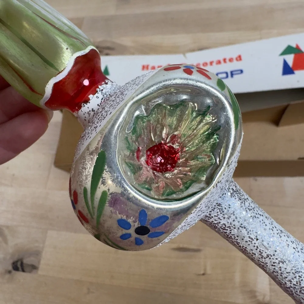 Vintage Polish Mercury Glass Christmas Tree Topper Hand Painted Floral 11 Inch